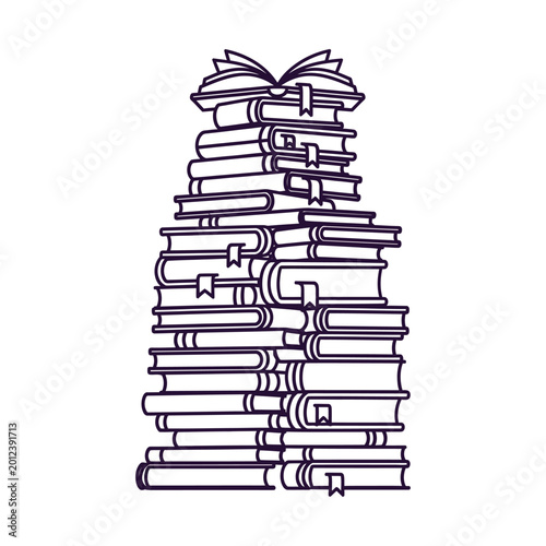 Minimalist book stack line art vector, tall pile of books with bookmarks, library and education concept