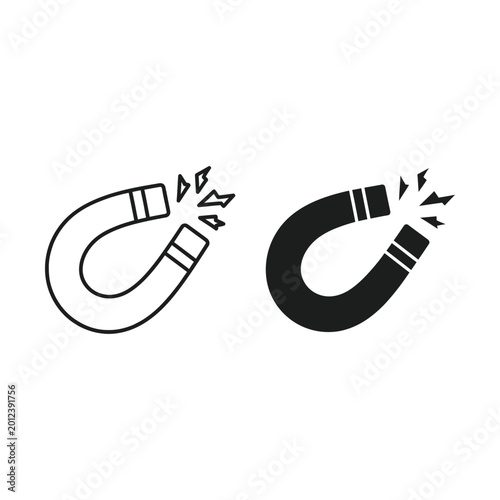Horseshoe magnet vector icon set, magnetic force field symbol, black and white physics attraction graphics