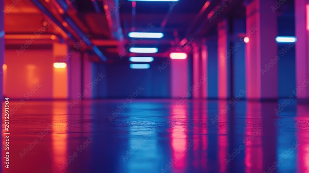 Fototapeta premium Futuristic underground parking garage with neon lighting