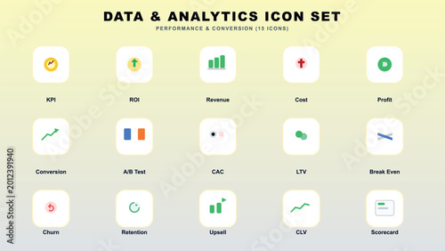 Schilderij op canvas Comprehensive data and analytics icon set for performance tracking Vector