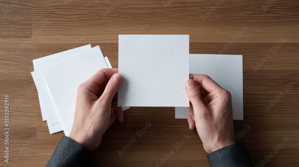 Obraz premium Hands Holding Blank Square Cards on Wooden Table