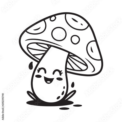 Billede på lærred Cartoon mushroom with a smiling face black and white line drawing