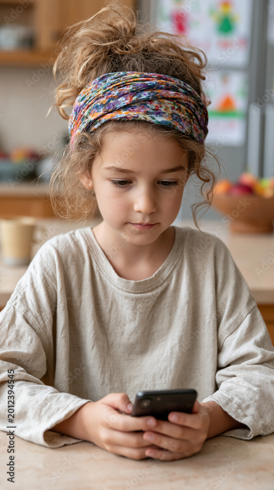 Fototapeta premium Focused Child with Smartphone: A young girl, lost in thought, gazes intently at her smartphone. Her concentration is palpable. Her headband add a splash of color to the scene.