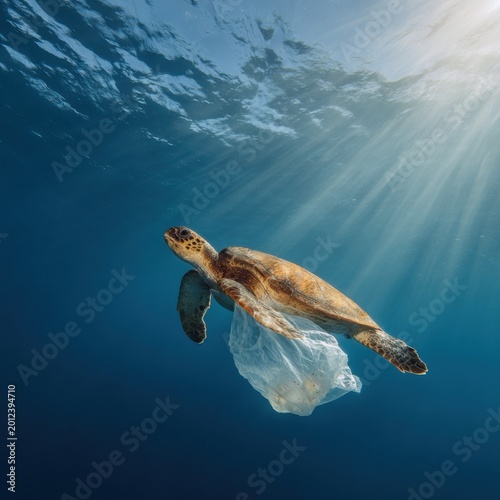 Turtle in plastic bag in ocean. Platic pollution problem. World oceans day concept. Environment concept.
