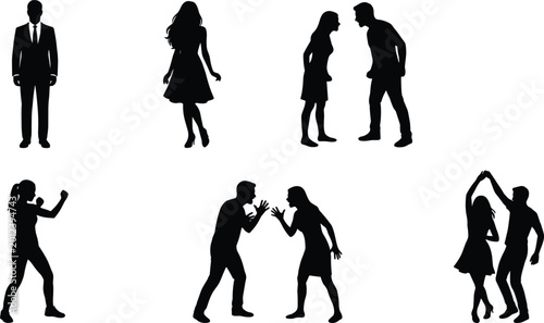 Tableau sur toile Human silhouettes set showing business man woman arguing dancing and fighting po
