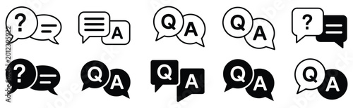 Foto Chat question and answer icon set featuring help bubble elements for FAQ support