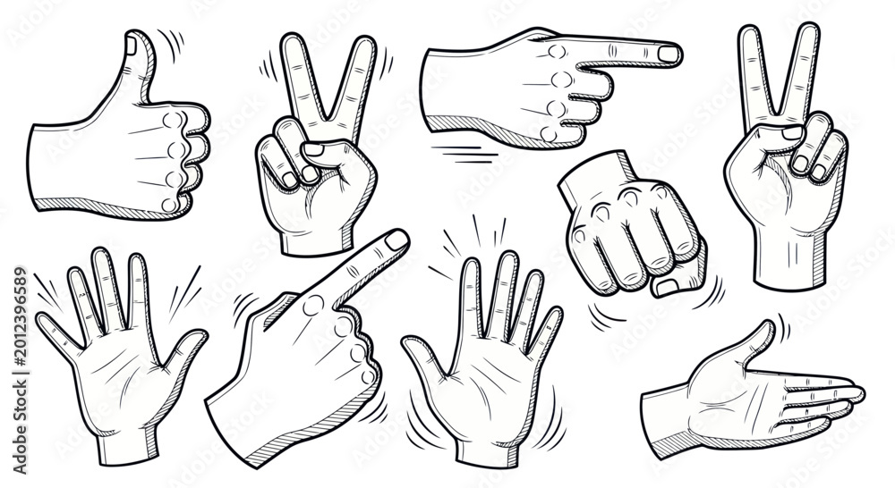 Fototapeta premium Set of hand gestures and signals in sketch style, isolated on white background