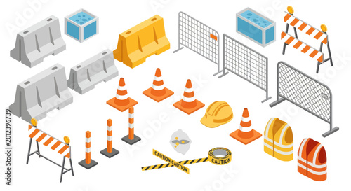 Foto Construction Site Safety Equipment and Barriers Isometric Vector Icons Set
