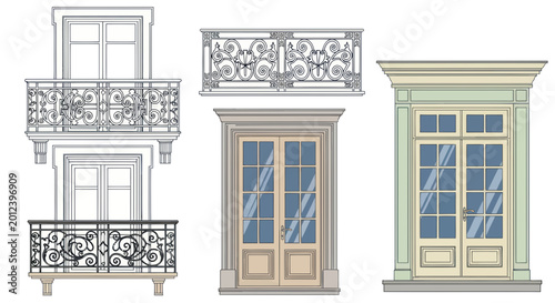 Quadro su tela Ornate Balconies and Classical Doors Vector Illustration