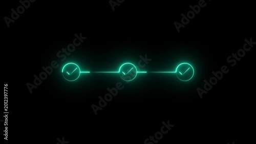 Glowing neon turquoise lights with 3-step infographic animation. check mark icon animation. Neon bright step-by-step checkmark . icons, task completion, timeline icon animation on black .4k video.