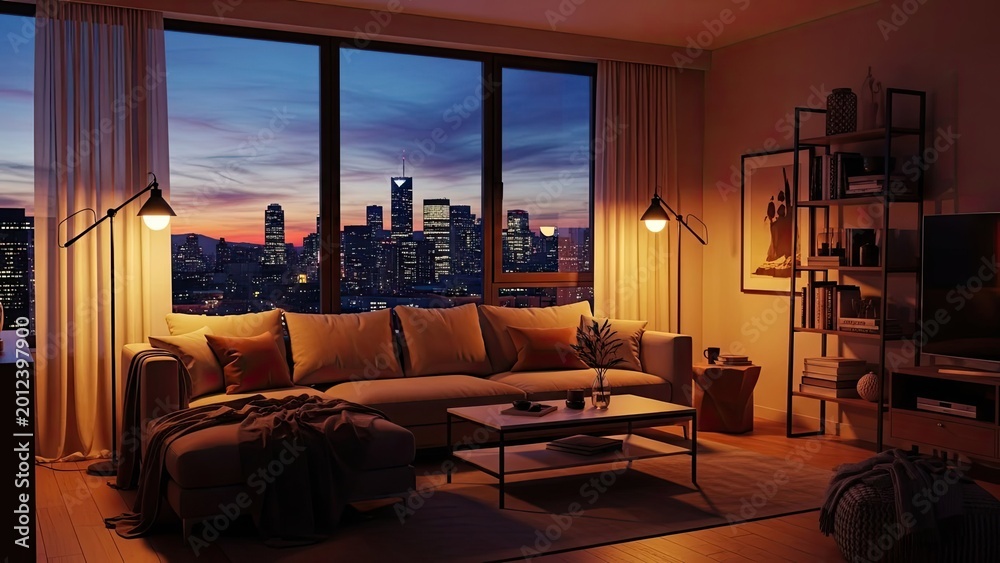 Fototapeta premium Cozy Living Room with City Skyline View at Dusk.