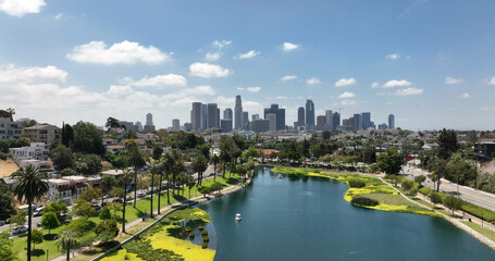 Los Angeles skyline blue sky urban panorama. Los Angeles downtown skyline financial center. Los Angeles modern architecture skyscraper skyline. Los Angeles aerial cityscape sunny day.