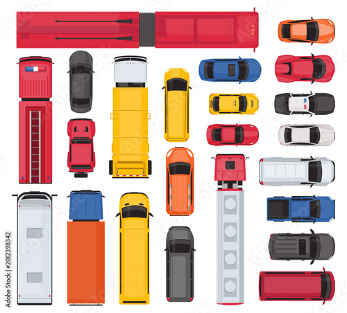 Top view of public transport and passenger cars. City vehicles. Taxis or police sedans. Firefighter engines. School buses. Trolleybuses and cargo trucks. Road automobiles vector set