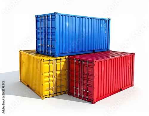 Three brightly colored cargo containers stacked and leaning against each other