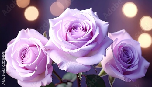 Three delicate lavender roses bloom against a soft bokeh background