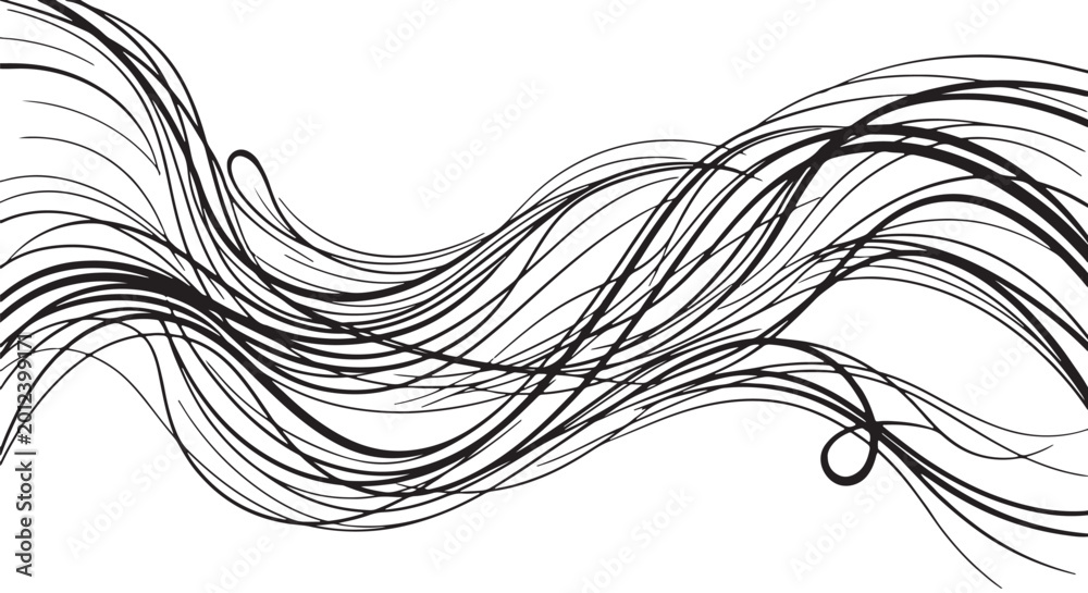 Fototapeta premium Smooth flowing monochrome ribbon curves, abstract minimalist wave composition, modern vector line artwork, elegant white background illustration