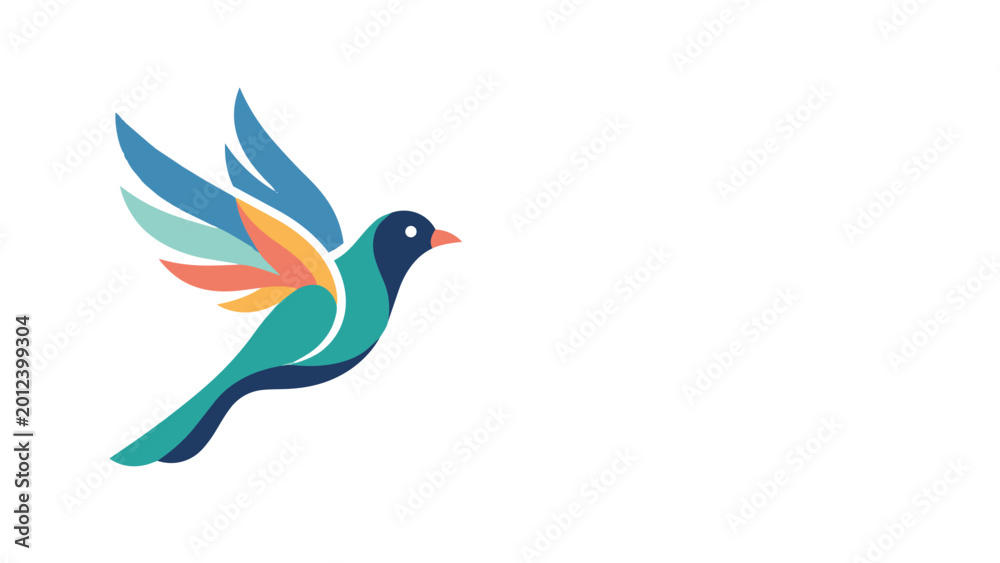 Fototapeta premium Colorful abstract hummingbird vector illustration with modern geometric wings, flying tropical bird logo design, vibrant wildlife icon isolated on soft gray background artwork.