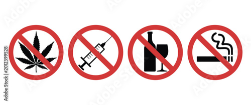 Tableau sur toile No Drugs and Alcohol Warning Icons with Cigarette, Alcohol, and Drug Prohibition