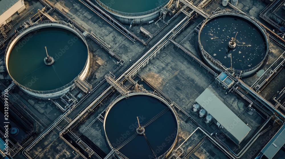 Fototapeta premium Aerial view of industrial water treatment plant processing tanks