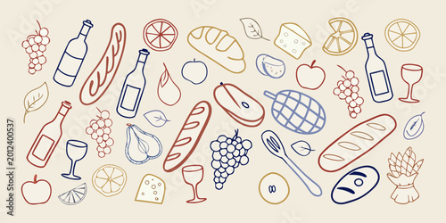 Photos Hand drawn french picnic illustration with wine bread and fruit