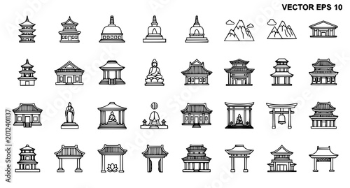 Konstfotografi Outline icons of asian temples pagodas buddha statues with line art, traditional