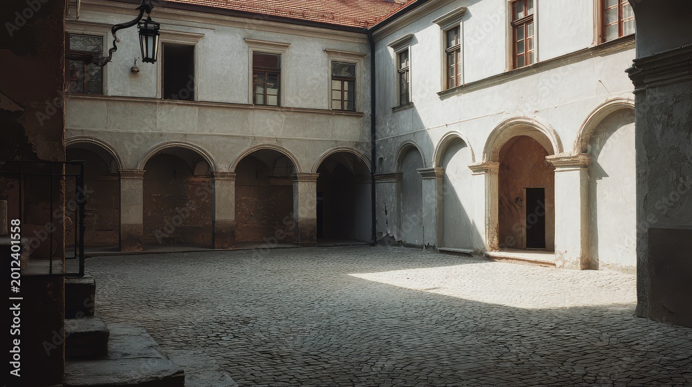 Fototapeta premium Empty old castle or palace courtyard featuring historic architecture, stone archways, and a cobblestone paving, with long shadows from the late afternoon sun