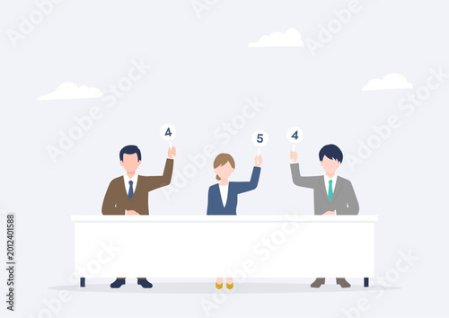 Billede på lærred Three Judges Holding Up Score Cards for Evaluation and Scoring