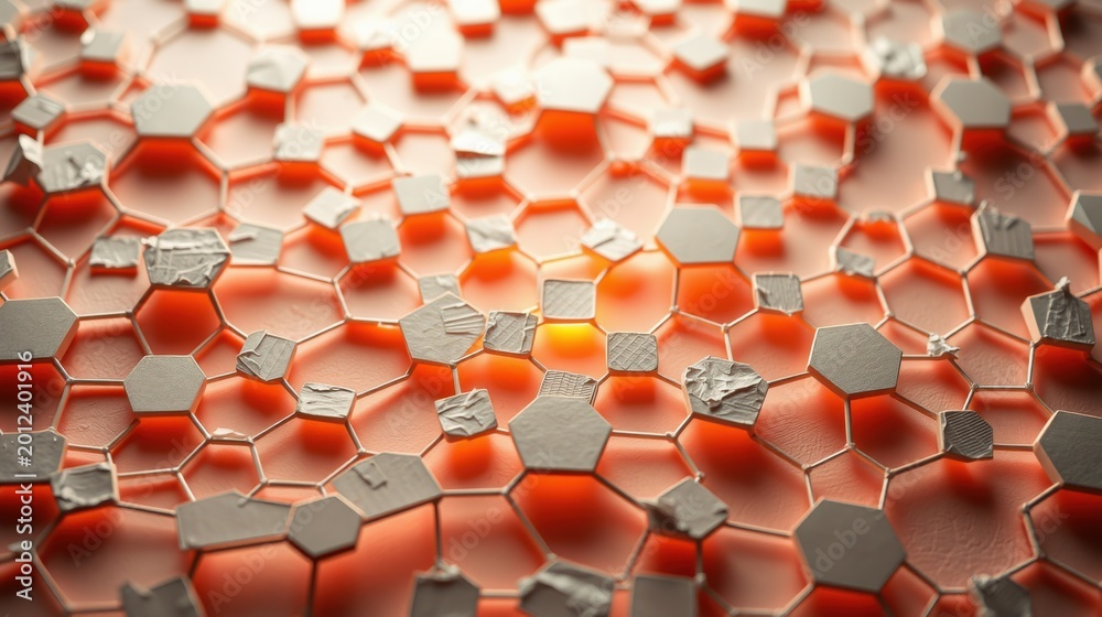 Obraz premium Hexagonal pattern dominates image. Orange glows between metallic shapes. Abstract texture creates depth, focus point visible.