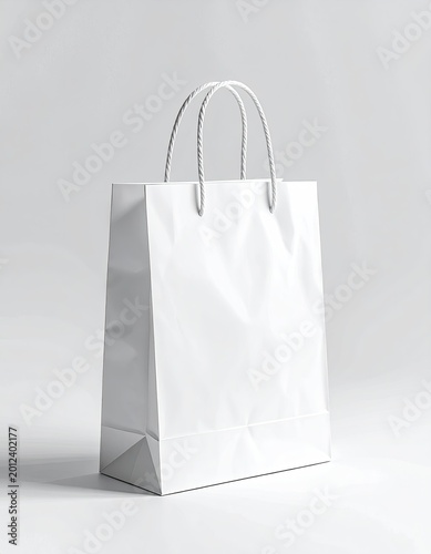 A pristine white paper shopping bag with braided handles sits against a neutral backdrop