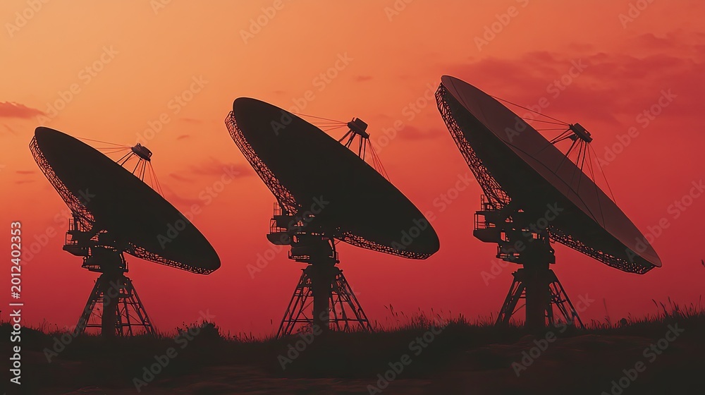 Fototapeta premium Astronomy research facility tracking cosmic waves and communicating through advanced satellite dishes, creating global connections during a vibrant evening sky