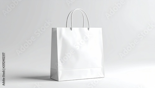Minimalist white paper shopping bag with handles on a clean white background