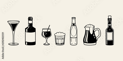 Принти на полотні Hand drawn alcoholic beverages and glassware black line art