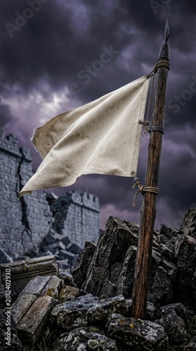 Tattered white flag on wooden pole near ruined stone castle against stormy sky