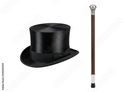 Black top hat and walking cane on transparent background