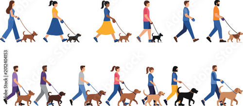 Obraz na płótnie People walking dogs on leashes set featuring various pet breeds in a flat vector illustration style for lifestyle, health, and animal care concepts