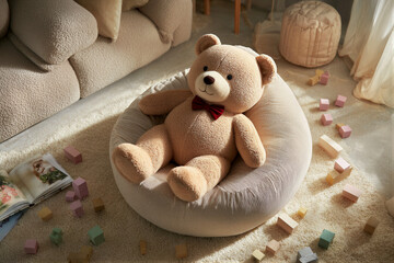 Top view of a giant brown teddy bear with a red velvet bow on a cream beanbag. Soft light and scattered toys create a cozy nursery mood. Left copy space perfect for e-commerce ads.