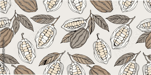 Bild auf Leinwand Cocoa pod and leaf pattern botanical line art illustration