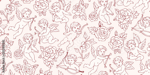 Fotografia seamless repeating vector pattern with cherubs and roses