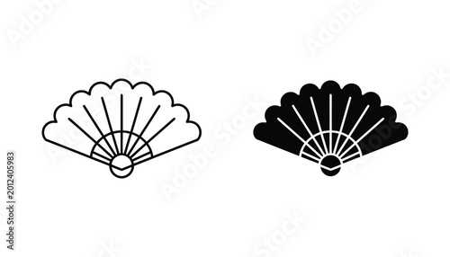 Traditional folding fan vector icon set featuring elegant outline and solid black silhouette styles for cultural design or decor projects isolated on white background