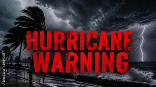 dramatic hurricane storm photo ominous dark clouds lightning urgent hurricane warning bold red text overlay high contrast severe weather concept for emergency alerts natural disaster graphy powerful c