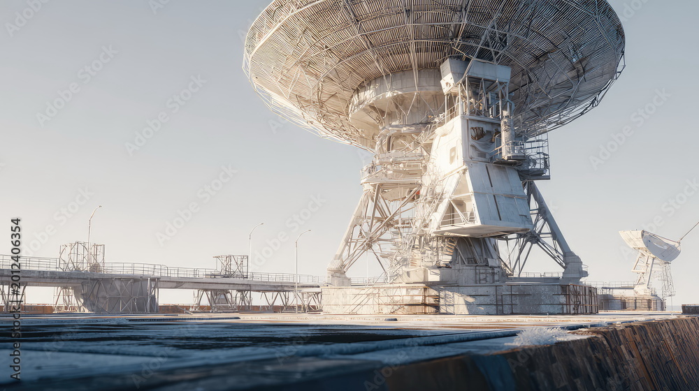 Fototapeta premium Large dish antenna operating at a deep space observatory, capturing signals from distant celestial objects, exploring the cosmos and expanding scientific knowledge