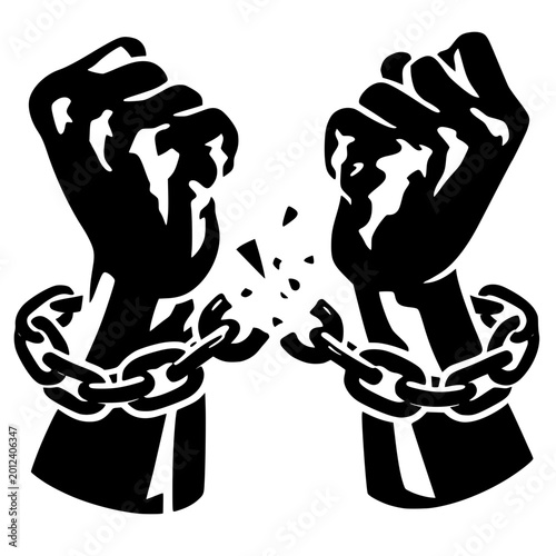 Φωτογραφία Solid black silhouette of raised hands breaking iron chains, symbolizing freedom, liberation, and overcoming struggle in a sharp minimalist vector style