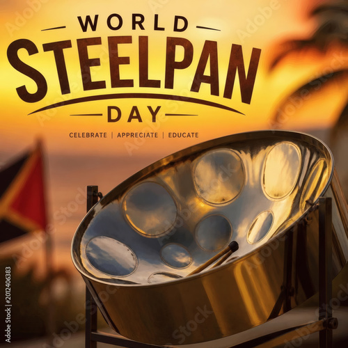 celebrate world steelpan day vibrant steelpan instrument professional with bold text in modern curved font high quality detailed texture warm contrast background for music culture events and festive v
