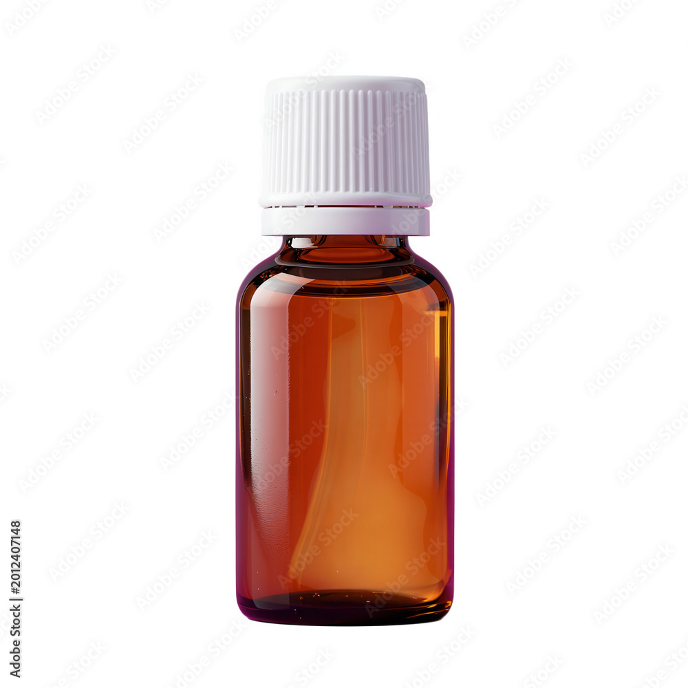 Fototapeta premium Amber Glass Vial with White Cap and Screw Top Isolated on Transparent Background