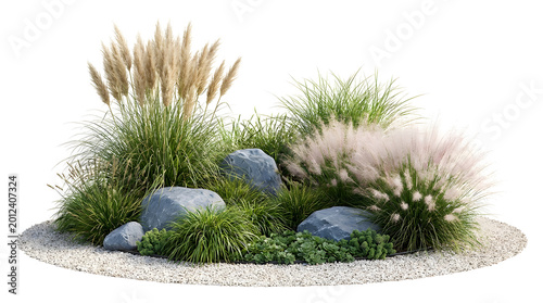 🌾 Modern Ornamental Grass Garden Bed PNG with Rocks Isolated