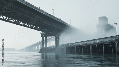 Massive steel bridge spans vanish into thick morning fog over a wide river, creating a moody, industrial urban scene of concrete supports, calm water, and atmospheric mystery