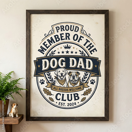 Vintage style dog dad commemorative poster design with retriever and bulldog illustrations.