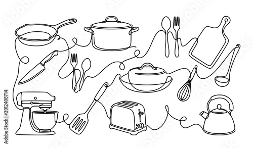 Creative one line kitchen cooking elements collection with utensils and cookware vector illustration set