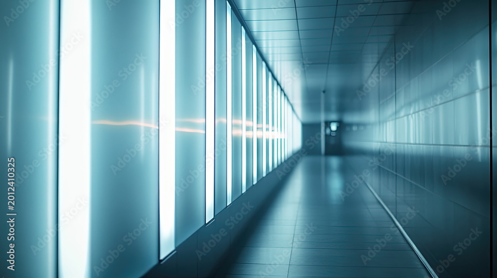 Fototapeta premium Long futuristic corridor featuring glowing vertical light panels along one wall, creating a sense of depth and modern architecture in a technology or sci fi setting