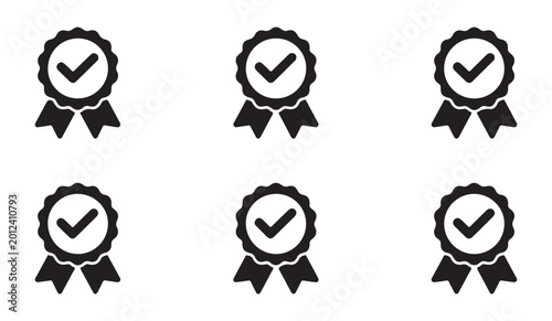 Quality guarantee stamp icons with check mark symbol for certificate verification and product trust badges.